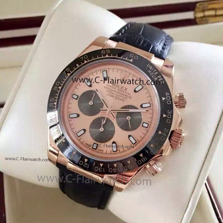 Copy Rolex Daytona Leather Strap Rose Gold Watch 40mm